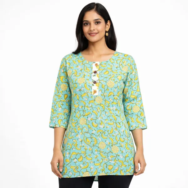 Light_Green_Cotton_Floral_Print_Short_Kurta_For_Women