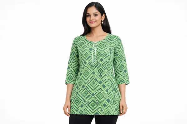 Green_Cotton_Geometric_Print_Short_Kurti_For_Women