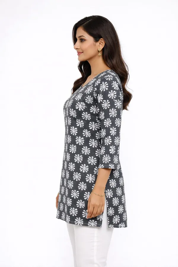 Grey_Cotton_Floral_Print_Short_Kurti_For_Women