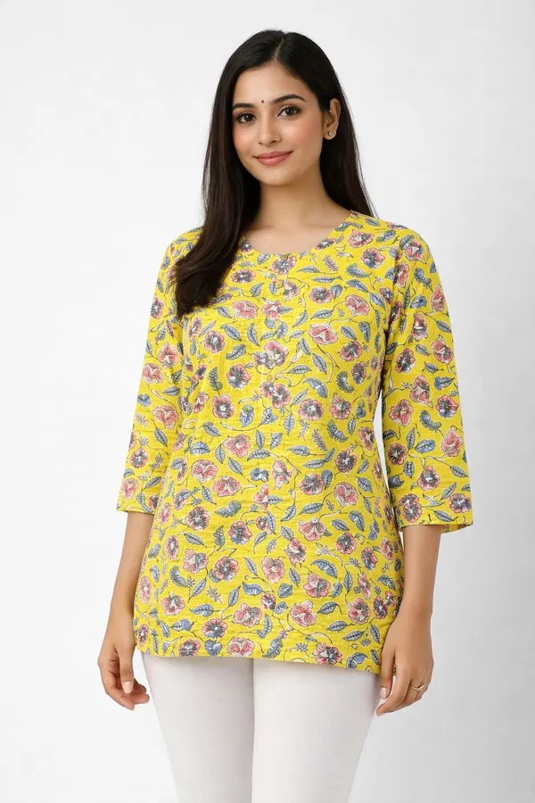 Yellow_Cotton_Floral_Print_Short_Kurta_For_Women