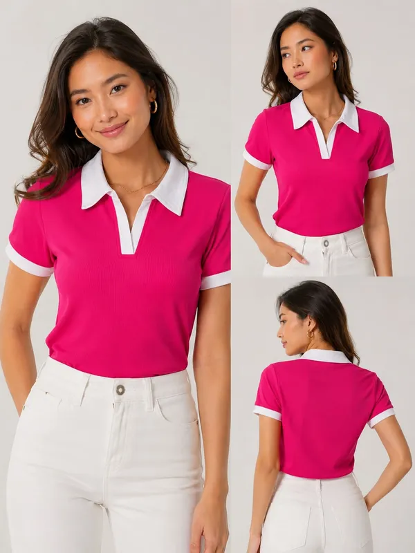 Dark_Pink_Cotton_Blend_Polo_T-Shirt_For_Women
