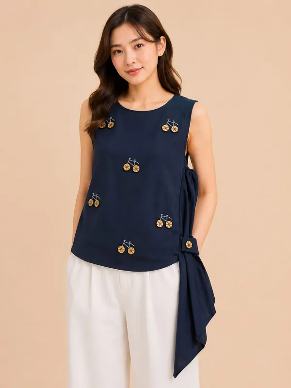 Navy_Blue_Rayon_Embroidered_Sleeveless_Side_Tie_Top_For_Women