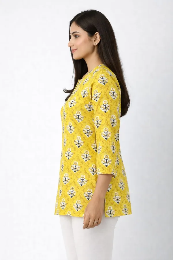Yellow_Cotton_Block_Print_Short_Kurta_For_Women