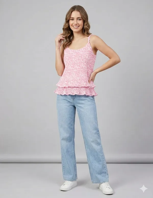 Pink_Chiffon_Smocked_Ruffle_Strap_Top_For_Women