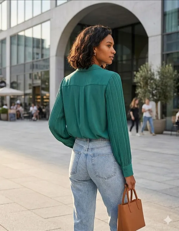 Green_Chiffon_Pleated_Sleeve_Draped_Front_Blouse_For_Women