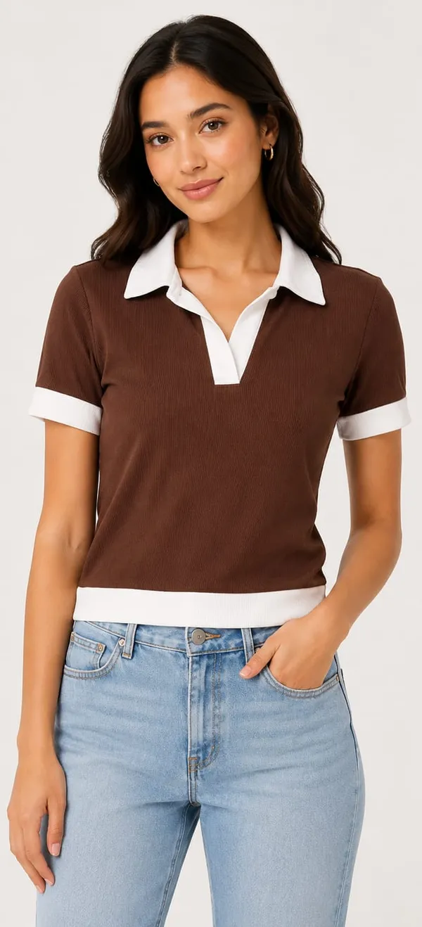 Brown_Cotton_Ribbed_Polo_Collar_Crop_T-Shirt_For_Women