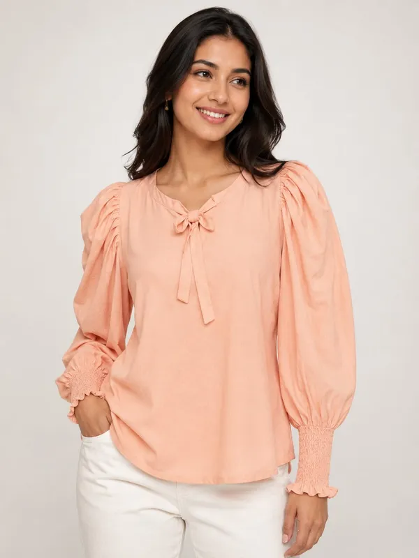 Peach_Cotton_Puff_Sleeve_Tie_Neck_Top_For_Women