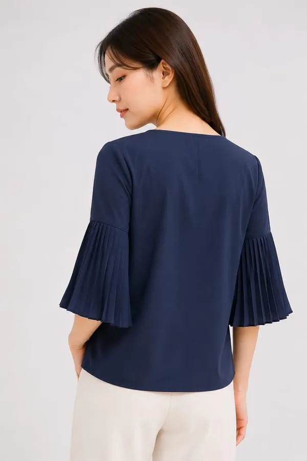 Blue_Satin_Relaxed_Pleated_Bell_Sleeve_Top_For_Women