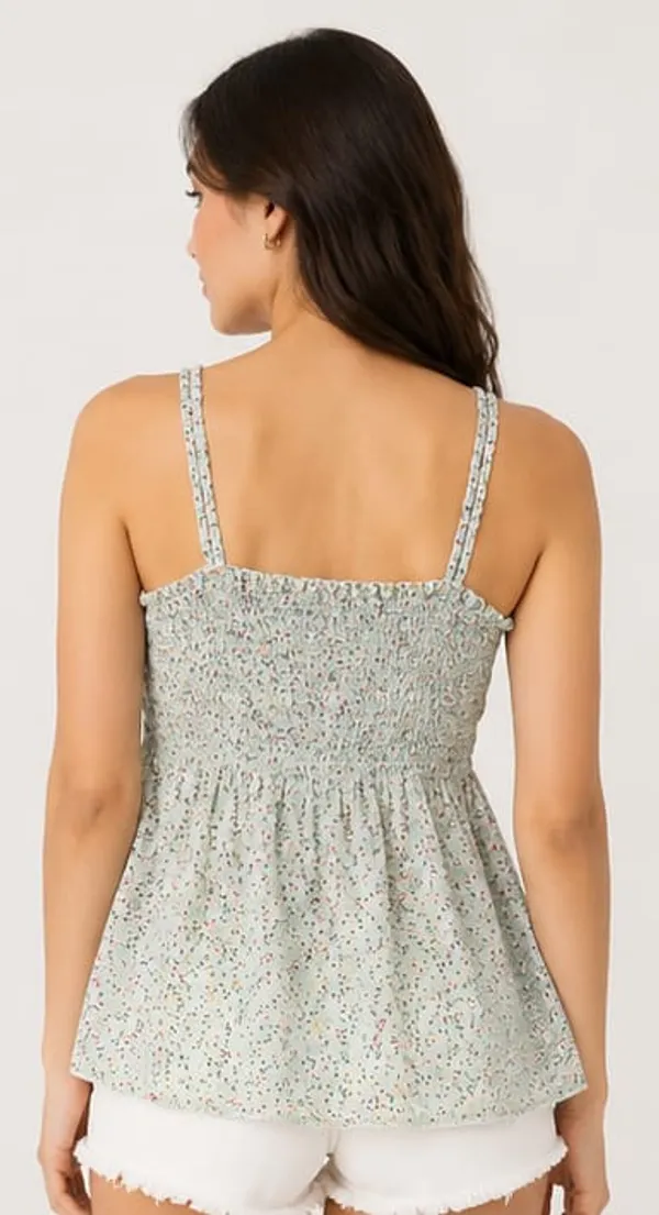 Sage_Green_Chiffon_Floral_Print_Smocked_Tank_Top_For_Women