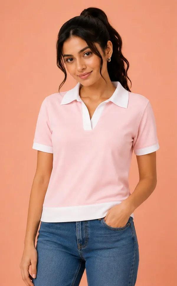 Pink_Cotton-Poly_Contrast_Trim_Polo_Top_For_Women