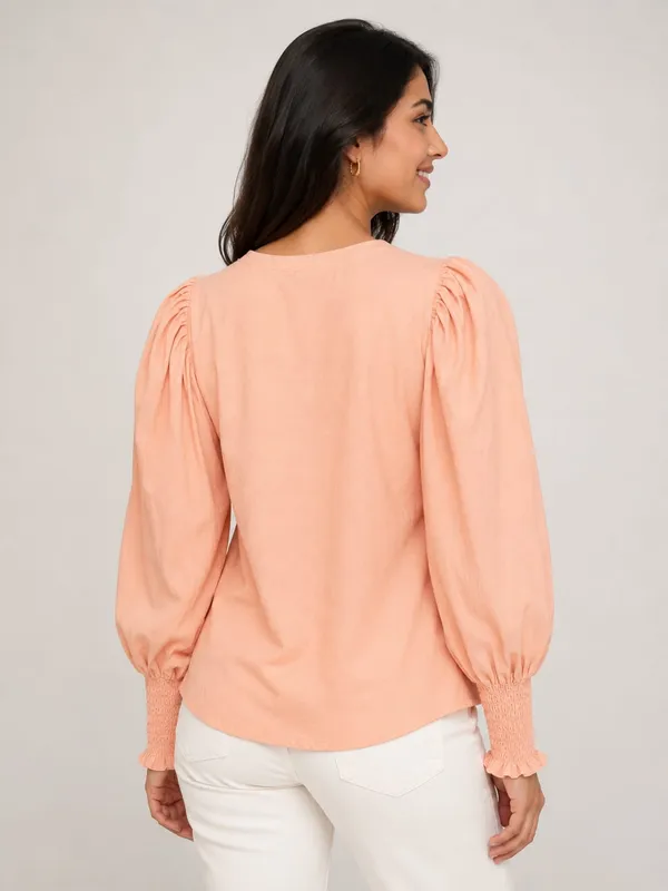 Peach_Cotton_Puff_Sleeve_Tie_Neck_Top_For_Women