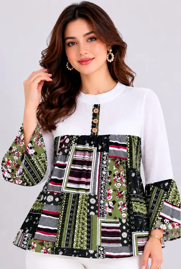 Green_Crepe_Flared_Bell_Sleeve_Printed_Top_For_Women