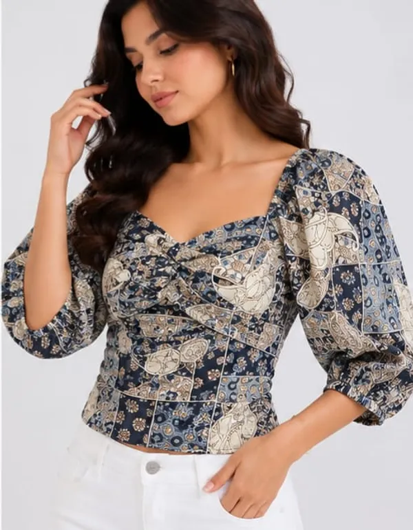 Blue_Crepe_Paisley_Print_Puff_Sleeve_Peplum_Top_For_Women