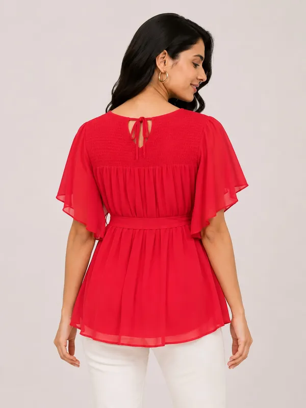 Red_Chiffon_Flutter_Sleeve_Belted_Top_For_Women