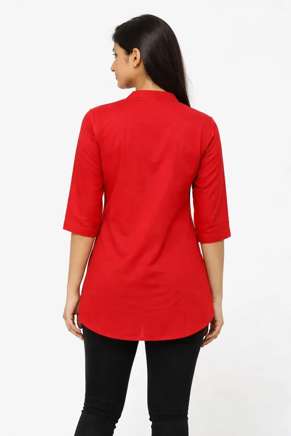 Red_Cotton_Mandarin_Collar_Short_Kurta_For_Women