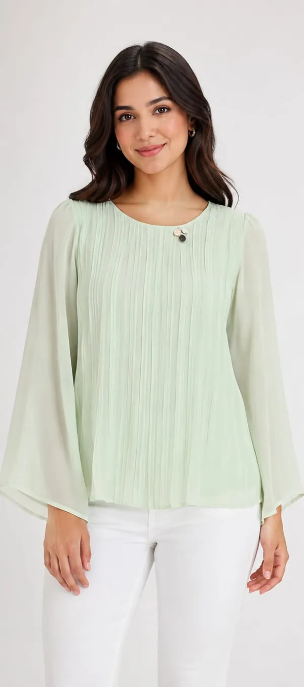 Green_Crepe_Pintuck_Pleated_Long_Sleeve_Top_For_Women