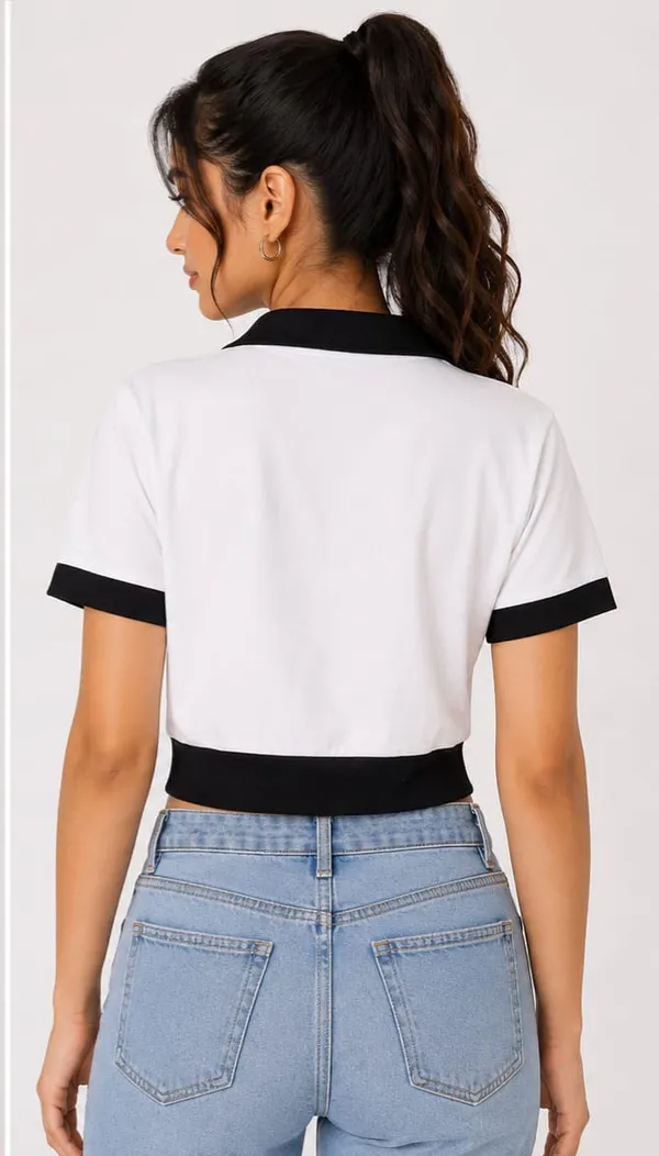 White_Cotton_Blend_Color_Block_Polo_Crop_Top_For_Women
