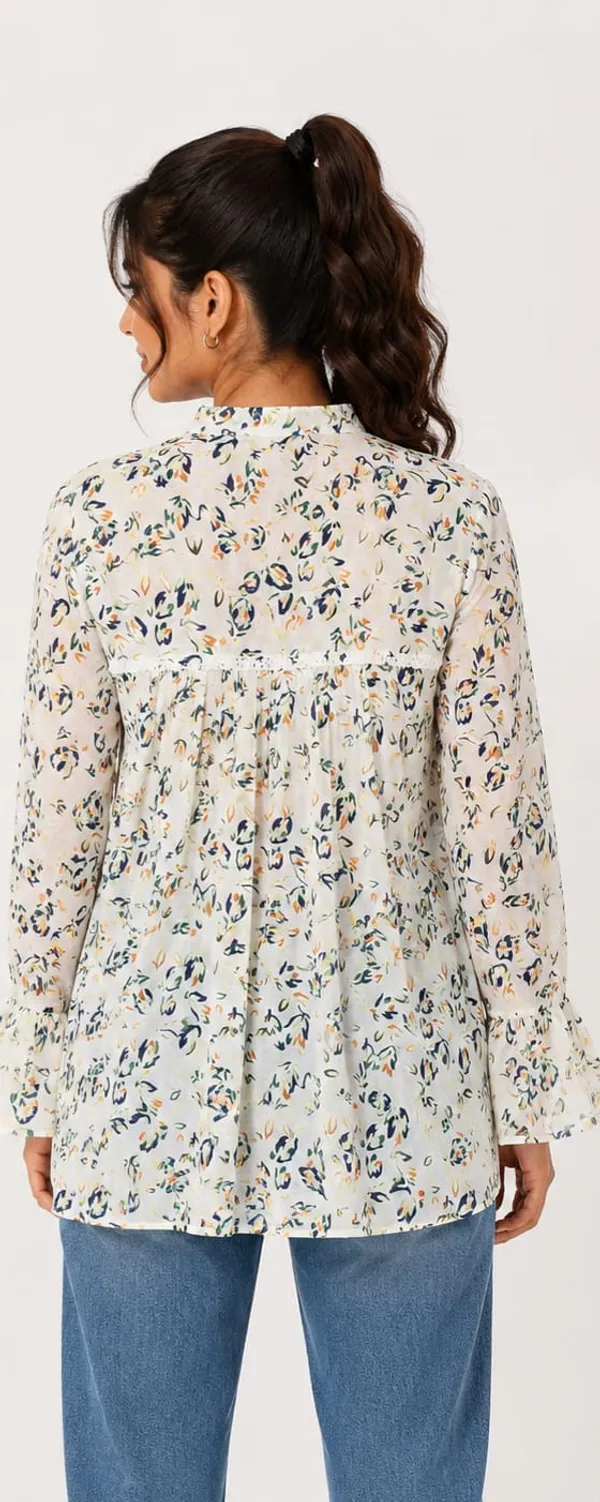 White_Chiffon_Floral_Print_Full_Sleeve_Tunic_Top_For_Women
