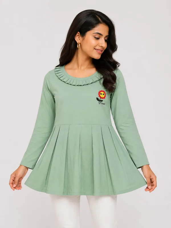 Sage_Green_Rayon_Fit_&_Flare_Ruffled_Neck_Tunic_For_Women