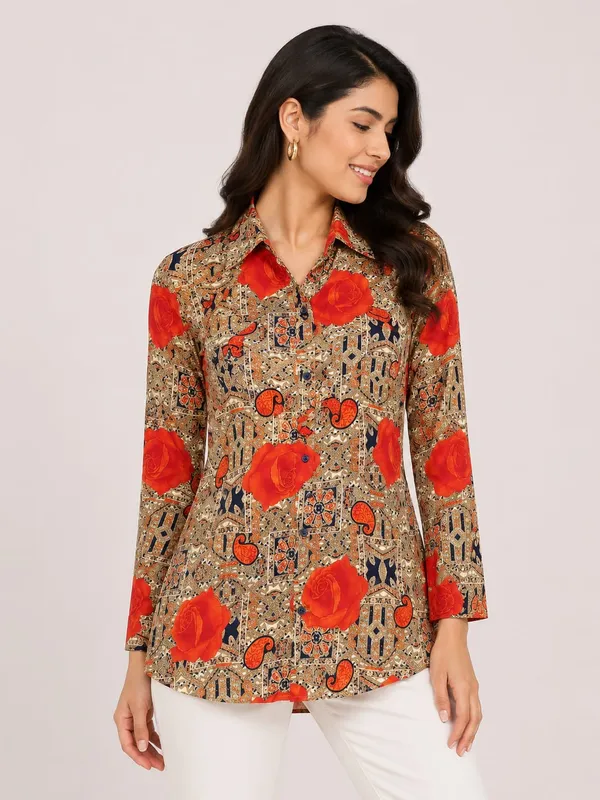 Beige_Satin_Floral_Print_Long_Sleeve_Tunic_For_Women