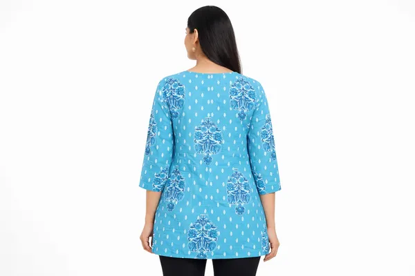 Sky_Blue_Cotton_Paisley_Block_Print_Short_Kurti_For_Women