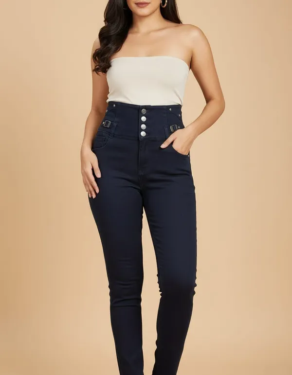 Black_Denim_High_Waist_Button_Front_Slim_Jeans_For_Women