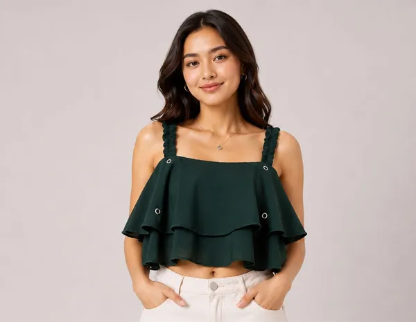 Dark_Green_Rayon_Cold_Shoulder_Ruffled_Crop_Top_For_Women