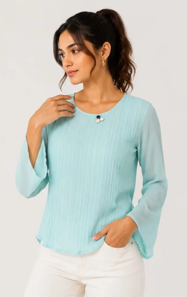 Blue_Crepe_Relaxed_Bell_Sleeve_Top_For_Women