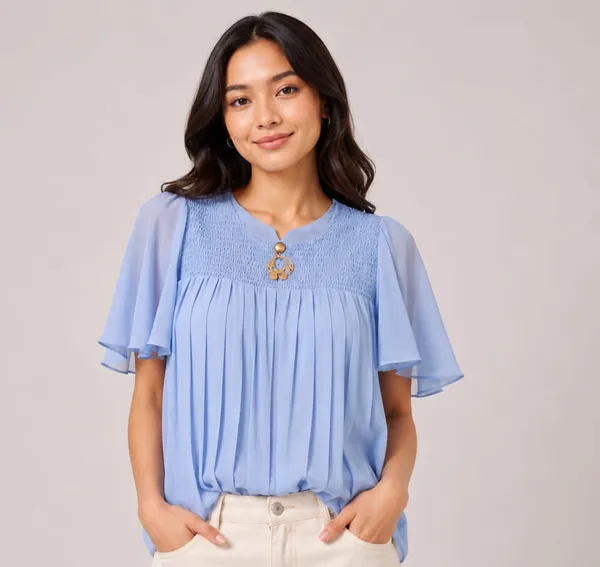 Blue_Chiffon_Smocked_Flared_Sleeve_Top_For_Women