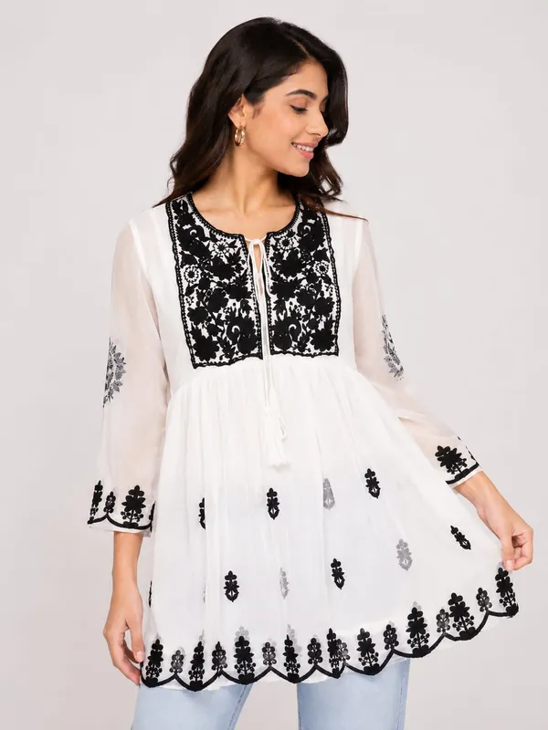 White_Chiffon_Relaxed_Embroidered_Tunic_Top_For_Women