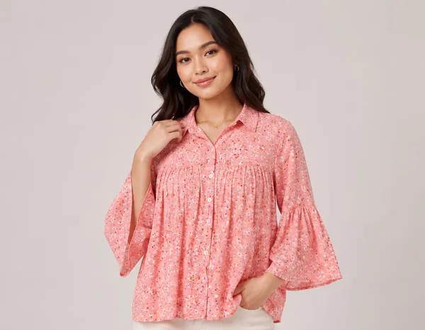 Dark_Peach_Chiffon_Floral_Print_Bell_Sleeve_Top_For_Women