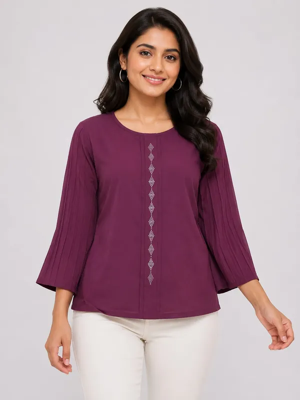 Wine_Satin_Textured_Sleeve_Round_Neck_Top_For_Women