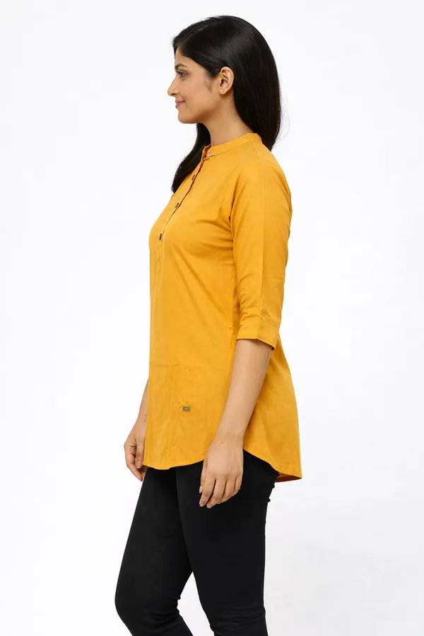 Yellow_Cotton_Mandarin_Collar_Short_Kurta_For_Women
