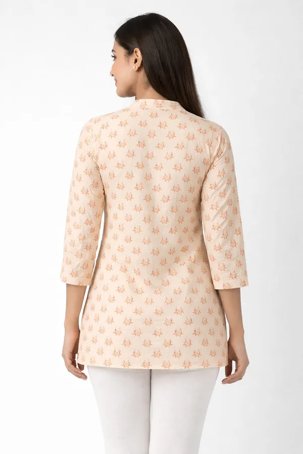 Cream_Cotton_Floral_Print_Mandarin_Collar_Short_Kurti_For_Women