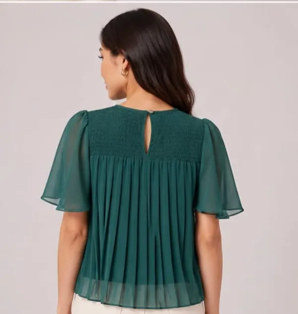 Green_Chiffon_Flutter_Sleeve_Pleated_Top_For_Women