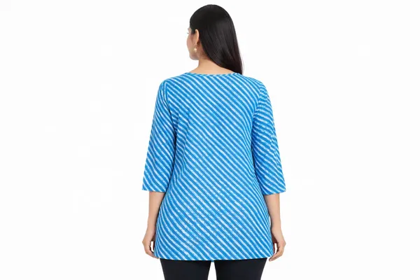 Blue_Cotton_Diagonal_Striped_A-Line_Short_Kurti_For_Women