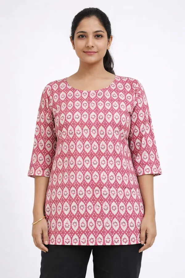 Pink_Cotton_Geometric_Print_Round_Neck_Tunic_Top_For_Women