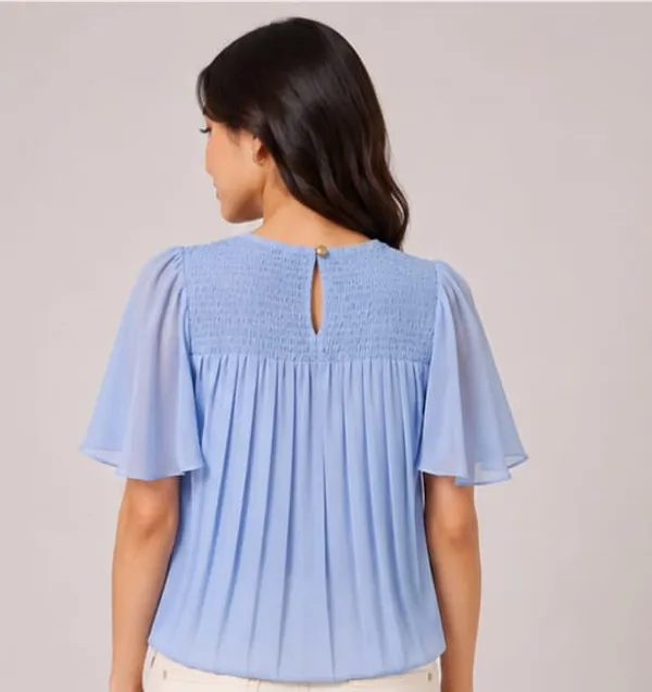Blue_Chiffon_Smocked_Flared_Sleeve_Top_For_Women