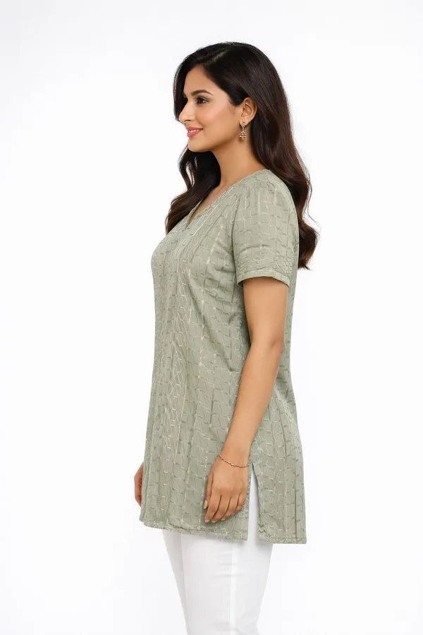 Mehndi_Cotton_Textured_Pintuck_Short_Kurti_For_Women