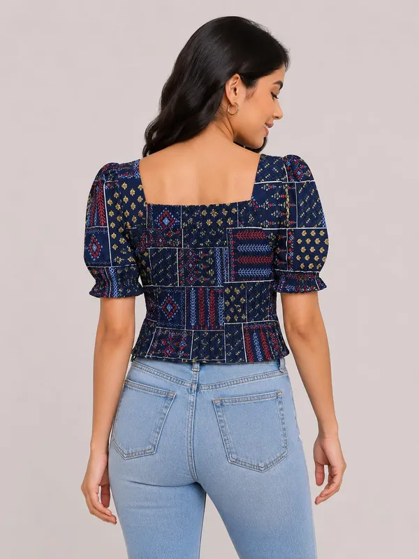 Blue_Rayon_Patchwork_Puff_Sleeve_Crop_Top_For_Women