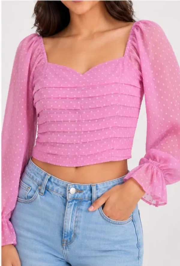 Pink_Chiffon_Polka_Dot_Ruched_Long_Sleeve_Crop_Top_For_Women