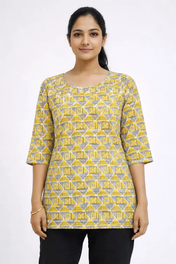 Yellow_Cotton_Geometric_Print_Tunic_Top_For_Women