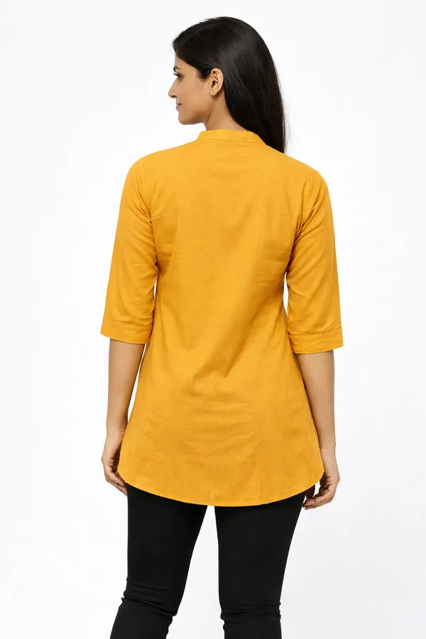 Yellow_Cotton_Mandarin_Collar_Short_Kurta_For_Women