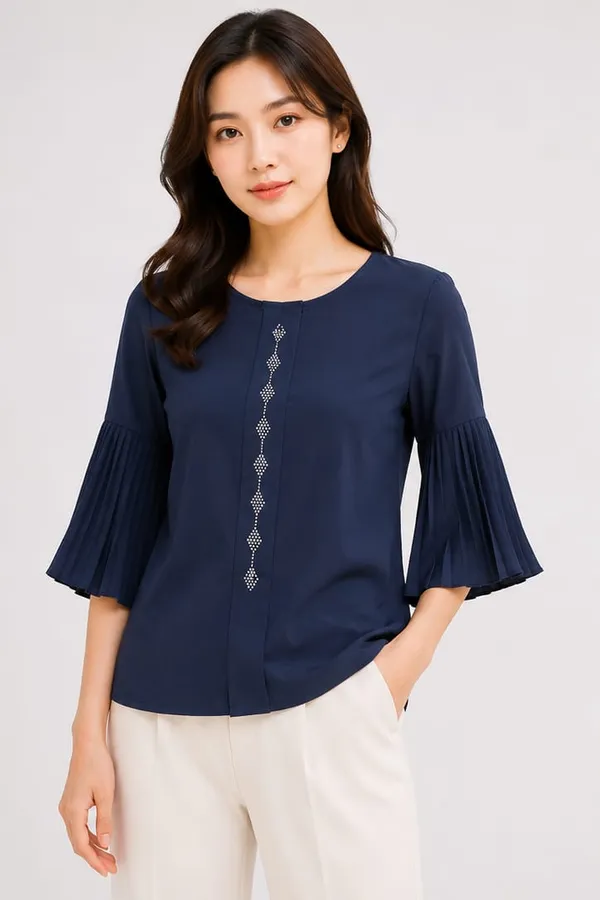 Blue_Satin_Relaxed_Pleated_Bell_Sleeve_Top_For_Women