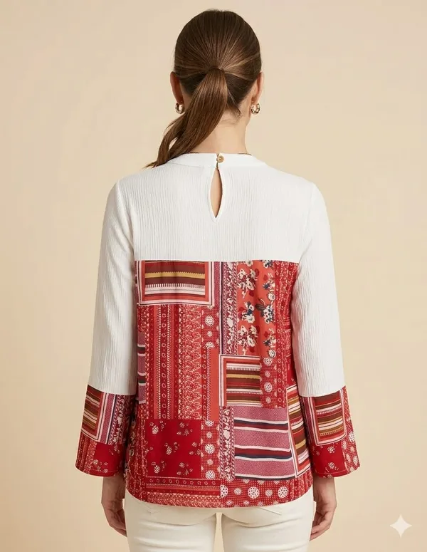 Red_Crepe_Patchwork_Ribbed_Top_For_Women