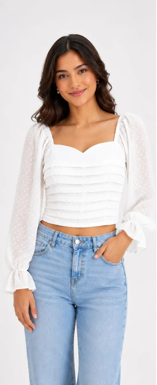 White_Chiffon_Ruched_Sweetheart_Puff_Sleeve_Crop_Top_For_Women