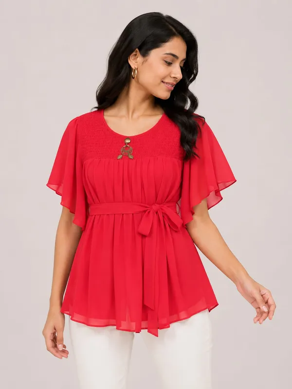 Red_Chiffon_Flutter_Sleeve_Belted_Top_For_Women