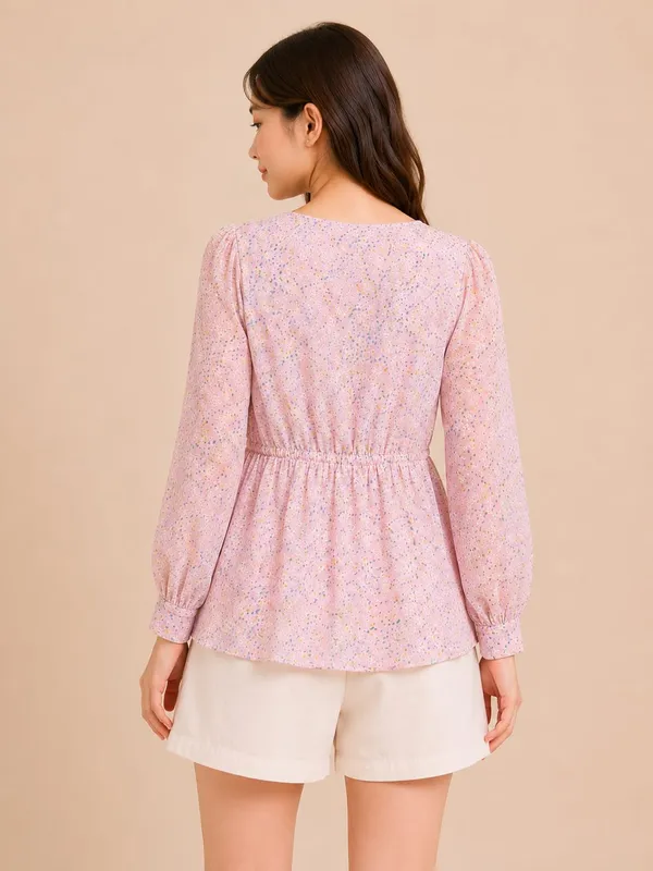 Pink_Chiffon_Floral_Print_Peplum_Top_For_Women