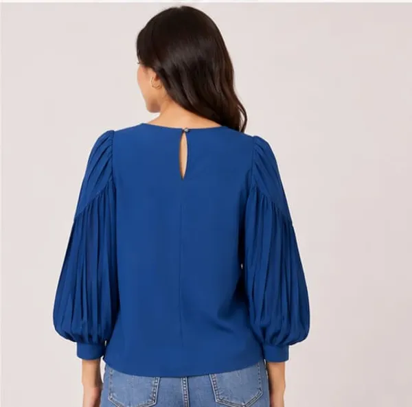 Blue_Satin_Pleated_Balloon_Sleeve_Top_For_Women