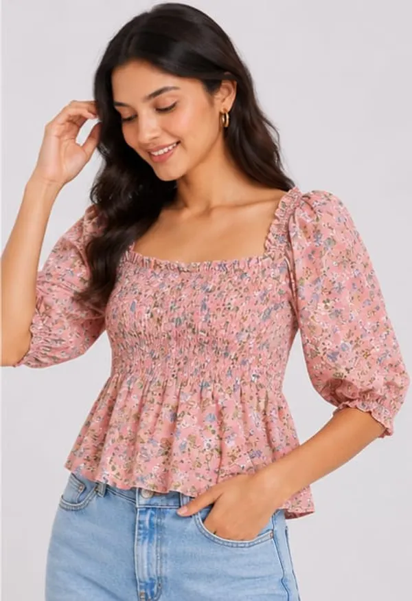 Pink_Crepe_Floral_Smocked_Puff_Sleeve_Top_For_Women